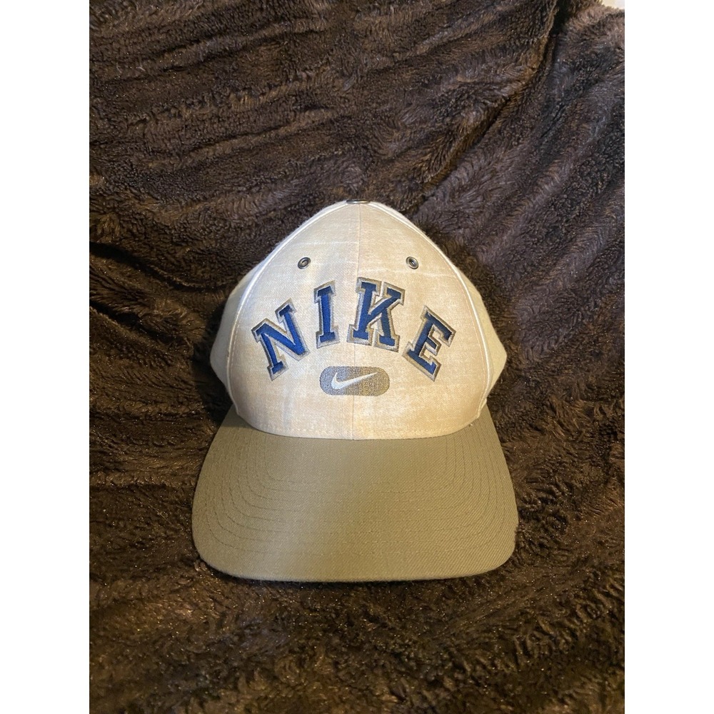 Vtg 90s Nike Arch Spellout Snapback Hat Cap White Grey 70/30 Acrylic Wool